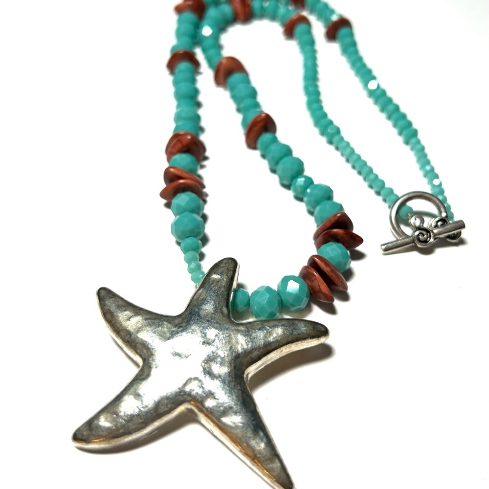 Island Vibes! Teal and Brown Beaded costume Necklace with Starfish!